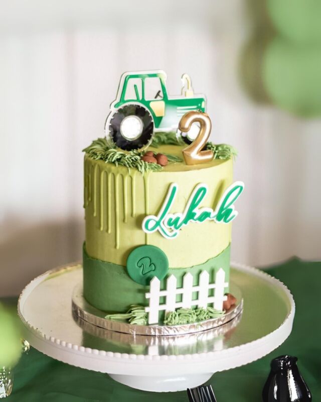 🚜 LUKAH 🚜...I've been very lucky to make various cakes for both Lukah and his brother Elijah over the past few years...Lukah celebrated his second birthday at @vredenheimfarm, and all the little guest even got to take a ride on a trailor being pulled by a big green tractor! How cool?...Photo by @vandermerwemediaToppers by @loveandsparklesgiftingCandle added by client...#celebrationcake #celebrationcakes #crumbcakes #cakeme #crumb #tractorcake #tractor