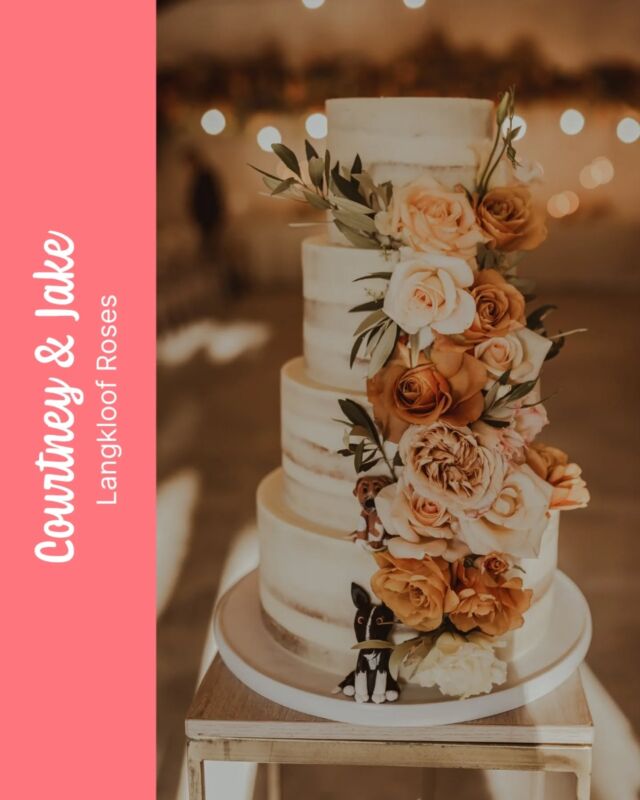 Courtney & Jake...I love an "autumnal" colour scheme, even though this wedding took place on a beautiful summer's day at @langkloofroses ...Courtney & Jake chose our Pat design, a stunning four tier cake in a semi-naked style, with fresh roses (from the farm!) with their two little fur babies hidden amongst the flowers. Can you spot those two cuties? ...The entire cake consisted of our delicious lemon & poppy sponge layered with tangy lemon curd and creamy vanilla bean frosting with fresh lemon zest 🍋 ....📸 By @evereverphotography 💖#weddingcake #weddingcakes #wedding #weddingcakebaker #cake #cakeme #crumbcakes #crumbcakessa #nakedcake #nakedcakes #seminakedweddingcake