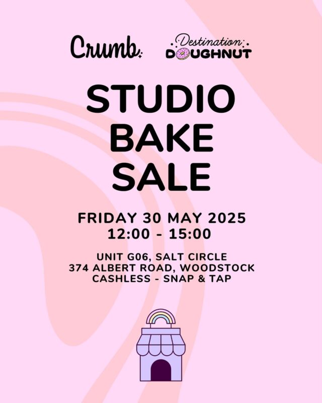 WE ARE HOSTING A BAKE SALE AT OUR STUDIO! 
…
We will be opening our studio doors for our first ever STUDIO BAKE SALE. Expect an insane selection of our best bakes, including our famous doughnuts, NY style cookies and more. We will post the full menu on Wednesday the 28th. People are excited about this one - so come early!! 
…
When? Friday 30 May 2025
Time? From 12:00 - 15:00 
Where? Crumb, Unit G06, Salt Circle, 374 Albert Road, Woodstock
We accept Snap & Tap (No cash!) 
#crumb #crumbcakes #crumbcakessa #destinationdoughnut #cakeme