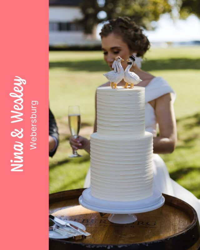 NINA & WESLEY…Ruffled buttercream cakes have been all the rage this year, and we specifically LOVE this version with it’s adorable geese couple on top! The little geese is an instant giveaway of the iconic venue that we adore! We love working with the team at Webersburg 🫶Thank you Nina & Wesley for choosing us to bake for your big day! …#weddingcake #weddingcakes