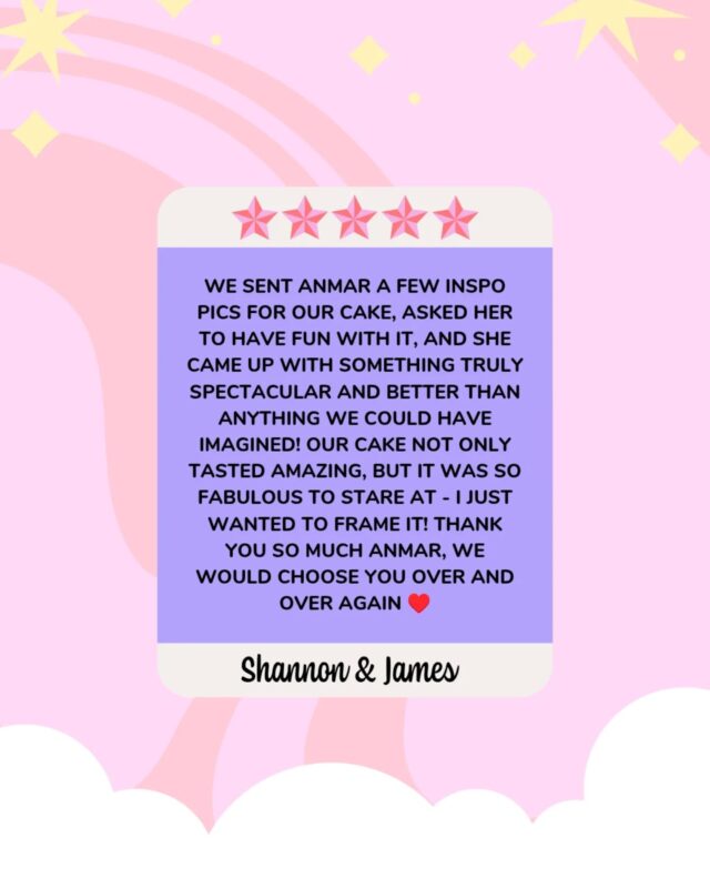 ⭐⭐⭐⭐⭐Thank you Shannon & James for this incredible 5 star review! We absolutely loved creating your wedding cake for you! Thank you for entrusting us with your incredible vision 🫶
