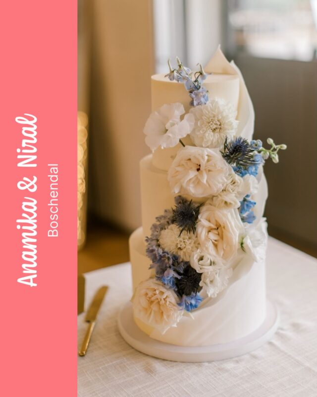 ANAMIKA & NIRAL…The most elegant three tier wedding cake (our Lita cake size) dressed up in sheets of wavy fondant and pretty fresh flowers from @botanicaflowers in blues and whites. So grateful to have played a part in this incredible three day celebration by @mosaicweddings at @boschendal …Photograpy by @catherinemacphotography #weddingcake #weddingcake @crumbcake #crumbcakessa