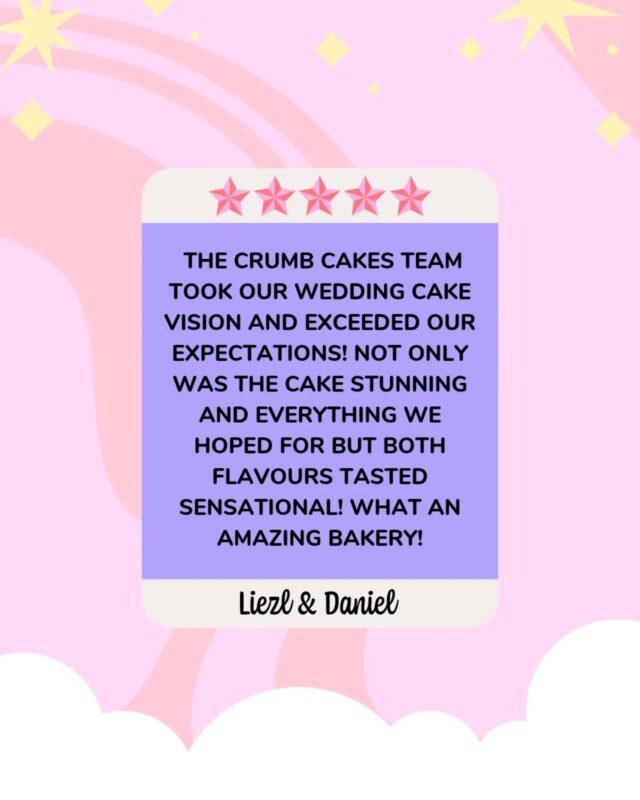 Thank you Liezl & Daniel for leaving this absolutely lovely review about your wedding cake! 😍 We appreciate it so much! 🫶